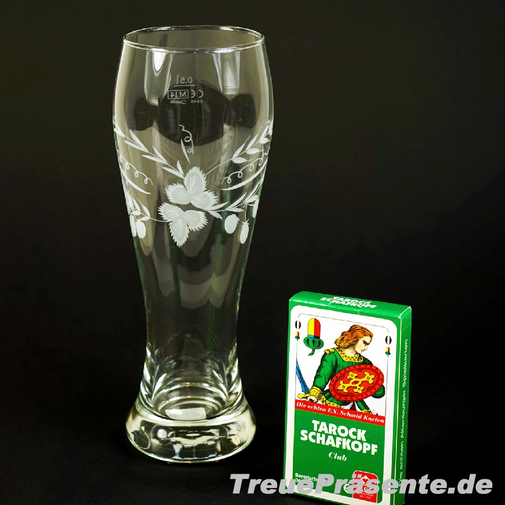 TreuePräsent Geschenkset Weizenbierglas & Schafkopfkarten