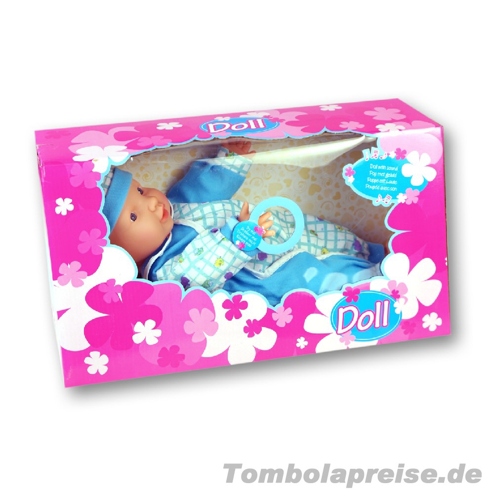 Tombolapreis Babypuppe in blau mit Lauten
